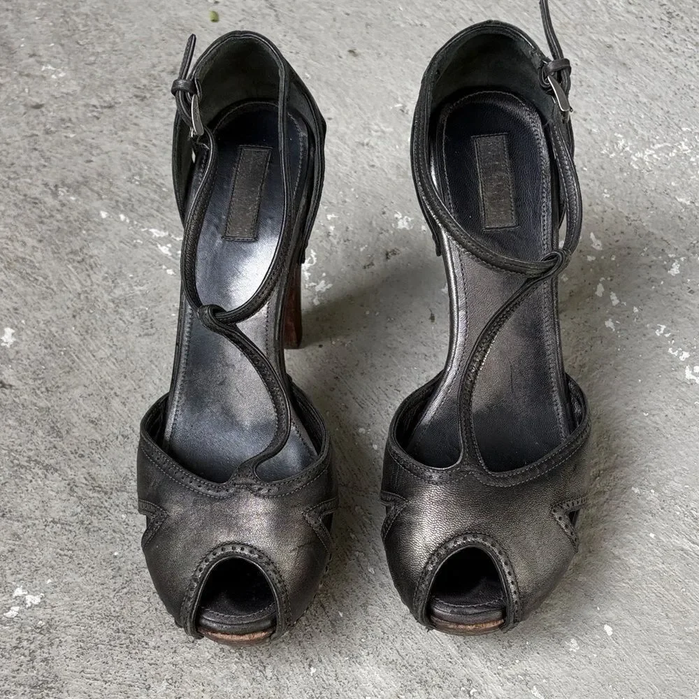 Prada gunmetal open toe platforms